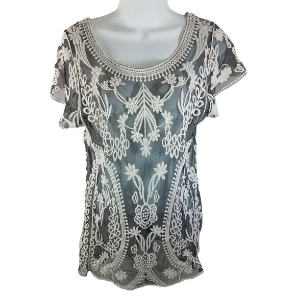 Dulcie Tops - Dulcie Black Ivory Embroidered Mesh Top Sz M | Sheer Lace Boho Blouse